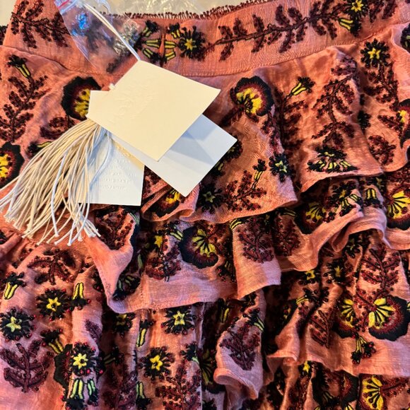 NWT Ulla Johnson Women's Pink Handmade Reesha Embroidered Ruffle Skirt - Picture 2 of 5